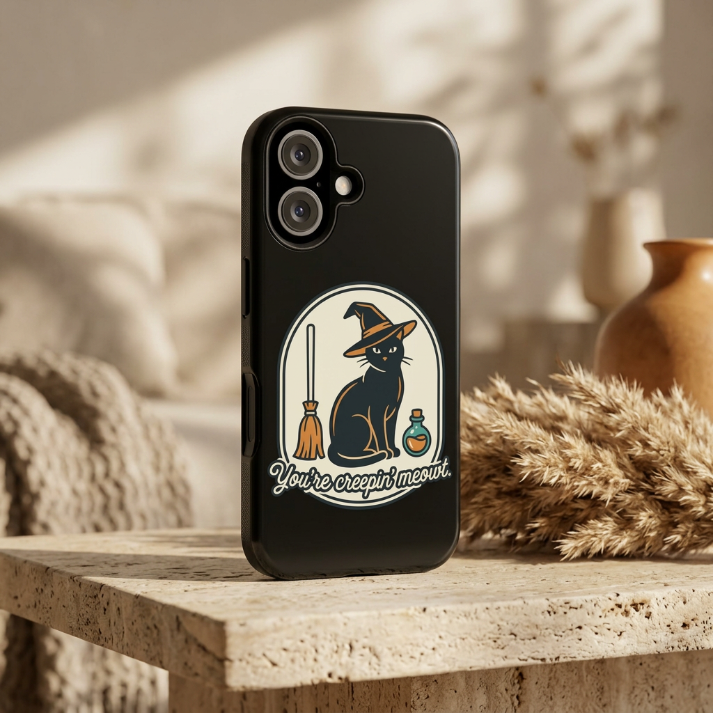 Black Cat Phone Case - "You're Creepin' Meowt" Cute Witchy iPhone Cover
